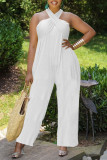 White Fashion Casual Solid Hollowed Out Backless Halter Regular Jumpsuits