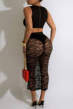 Black Fashion Sexy Solid Hollowed Out See-through V Neck Sleeveless Two Pieces