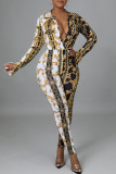 Multicolor Sexy Print Patchwork V Neck Regular Jumpsuits