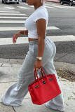 Grey Fashion Casual Solid Basic Regular High Waist Trousers