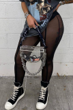 Red Sexy Solid See-through Mesh Skinny High Waist Pencil Solid Color Bottoms