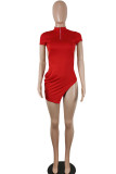 Red Sexy Solid Patchwork Backless Slit Half A Turtleneck One Step Skirt Dresses