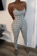 Gray Green Sexy Plaid Print Patchwork Spaghetti Strap Regular Jumpsuits