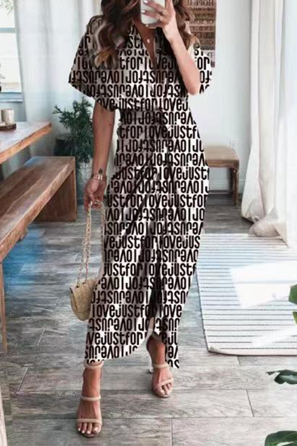 Silver Fashion Print Patchwork V Neck Straight Dresses