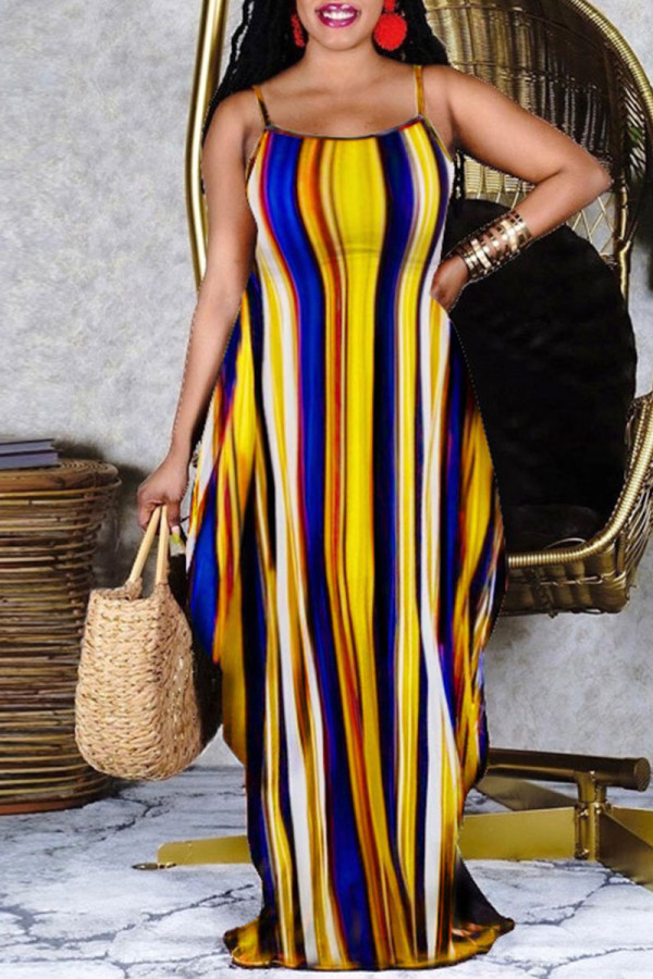 Yellow Sexy Casual Striped Print Backless Spaghetti Strap Sleeveless Dress