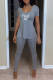 Grey Fashion Casual Letter Print Patchwork Slit V Neck Short Sleeve Two Pieces