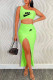Green Fashion Sexy Print Patchwork One Shoulder Sleeveless Two Pieces