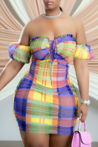 Blue Sexy Plaid Split Joint Off the Shoulder Pencil Skirt Dresses
