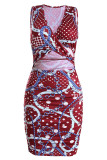 Black Sexy Print Hollowed Out Patchwork V Neck One Step Skirt Dresses