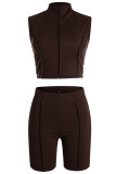 Coffee Casual Sportswear Solid Patchwork O Neck Sleeveless Two Pieces