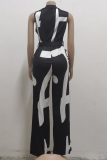White Sexy Print Patchwork V Neck Straight Jumpsuits