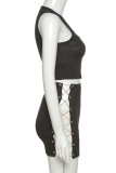 Black Sexy Solid Patchwork Cross Straps O Neck Sleeveless Two Pieces