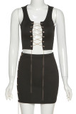 White Sexy Solid Patchwork Cross Straps O Neck Sleeveless Two Pieces