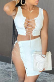 White Sexy Solid Patchwork Cross Straps O Neck Sleeveless Two Pieces