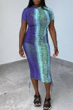 Purple Fashion Casual Print Basic O Neck Short Sleeve Dress