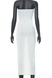 White Sexy Solid Patchwork Strapless Pencil Skirt Dresses