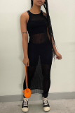 Black Sexy Solid Mesh O Neck Pencil Skirt Dresses