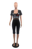 Black Fashion Casual Letter Print Ripped V Neck Short Sleeve Two Pieces