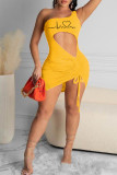 Blue Fashion Sexy Print Hollowed Out Backless One Shoulder Sleeveless Dress