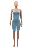 Blue Fashion Sexy Solid Backless Spaghetti Strap Skinny Romper