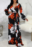 Multicolor Fashion Print Patchwork V Neck Straight Jumpsuits