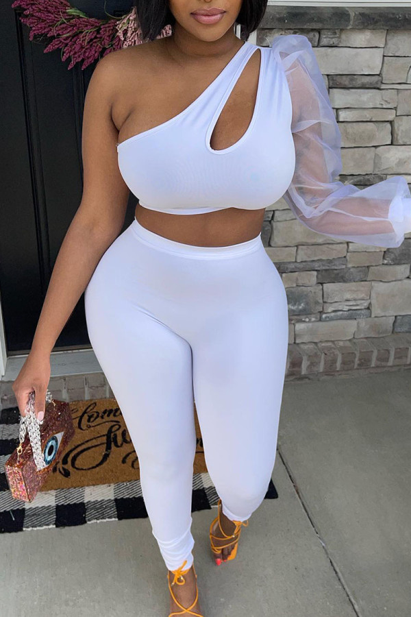 White Celebrities Solid Patchwork Asymmetrical Asymmetrical Collar Long Sleeve Two Pieces