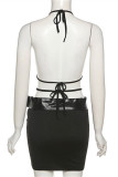 Pink Fashion Sexy Solid Bandage Patchwork Backless Halter Sleeveless Dress