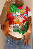 Red Fashion Casual Print Basic O Neck T-Shirts