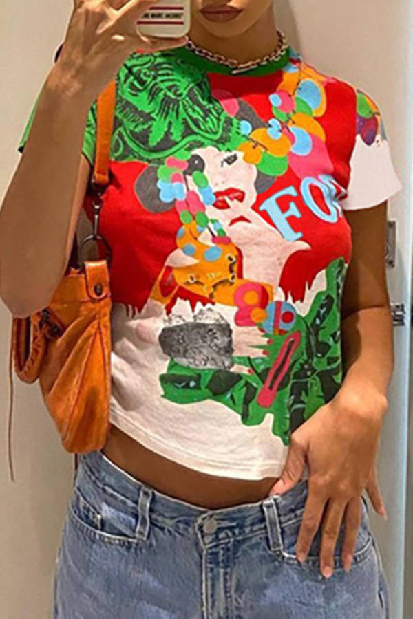 Red Fashion Casual Print Basic O Neck T-Shirts