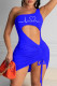Blue Fashion Sexy Print Hollowed Out Backless One Shoulder Sleeveless Dress