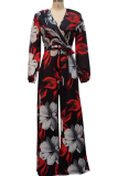 Multicolor Fashion Print Patchwork V Neck Straight Jumpsuits