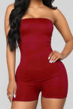 Red Fashion Casual Solid Backless Strapless Skinny Romper