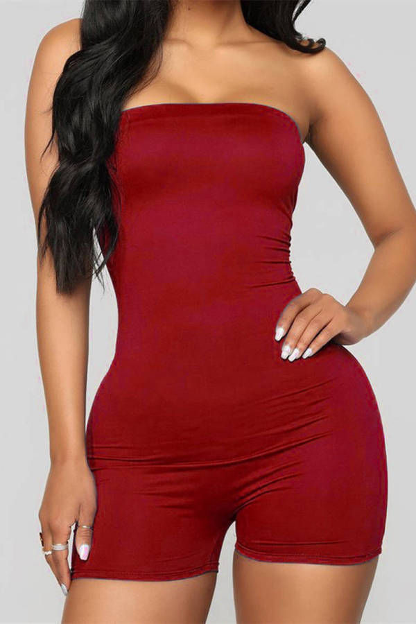 Red Fashion Casual Solid Backless Strapless Skinny Romper