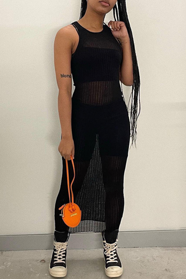 Black Sexy Solid Mesh O Neck Pencil Skirt Dresses