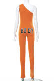 Orange Fashion Casual Print Backless One Shoulder Skinny Jumpsuits