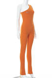 Orange Fashion Casual Print Backless One Shoulder Skinny Jumpsuits
