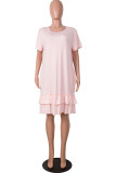 Pink Fashion Casual Solid Flounce O Neck Short Sleeve Dress