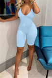 Blue Fashion Sexy Solid Backless Spaghetti Strap Skinny Romper
