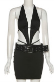 Pink Fashion Sexy Solid Bandage Patchwork Backless Halter Sleeveless Dress
