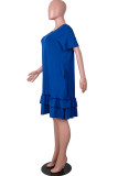 Blue Fashion Casual Solid Flounce O Neck Short Sleeve Dress