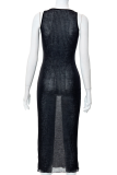 Black Sexy Solid Mesh O Neck Pencil Skirt Dresses
