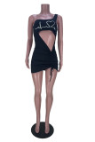 Blue Fashion Sexy Print Hollowed Out Backless One Shoulder Sleeveless Dress