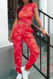Rose Red Casual Print Tie Dye Patchwork O Neck Short Sleeve Two Pieces