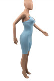Blue Fashion Sexy Solid Backless Spaghetti Strap Skinny Romper