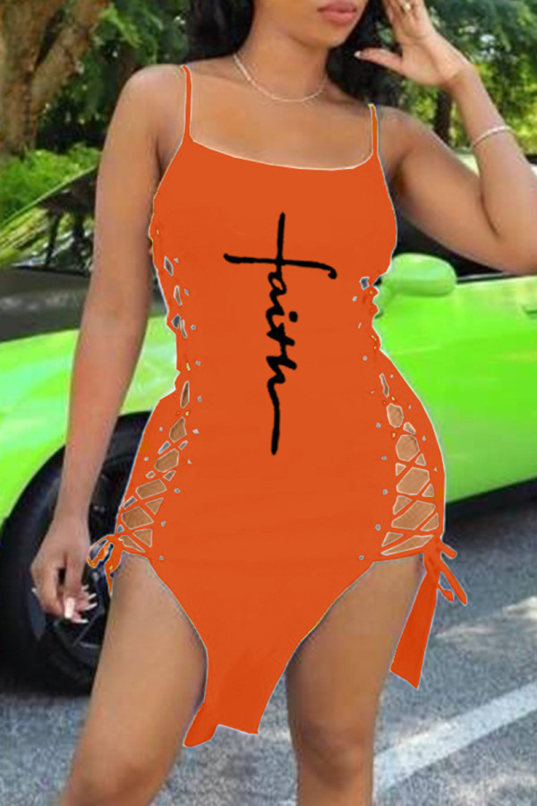 Orange Fashion Sexy Print Bandage Slit Spaghetti Strap Sleeveless Dress