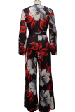 Multicolor Fashion Print Patchwork V Neck Straight Jumpsuits