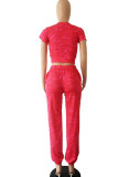 Rose Red Casual Print Tie Dye Patchwork O Neck Short Sleeve Two Pieces