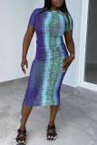 Purple Fashion Casual Print Basic O Neck Short Sleeve Dress