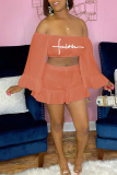 Purple Fashion Print Flounce Off the Shoulder Long Sleeve Two Pieces