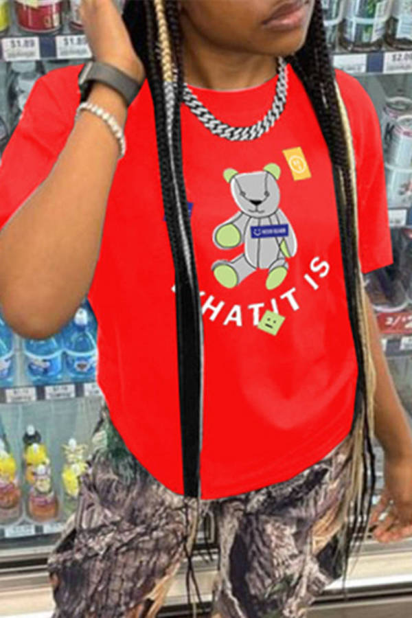 Red Fashion Casual Print Basic O Neck T-Shirts